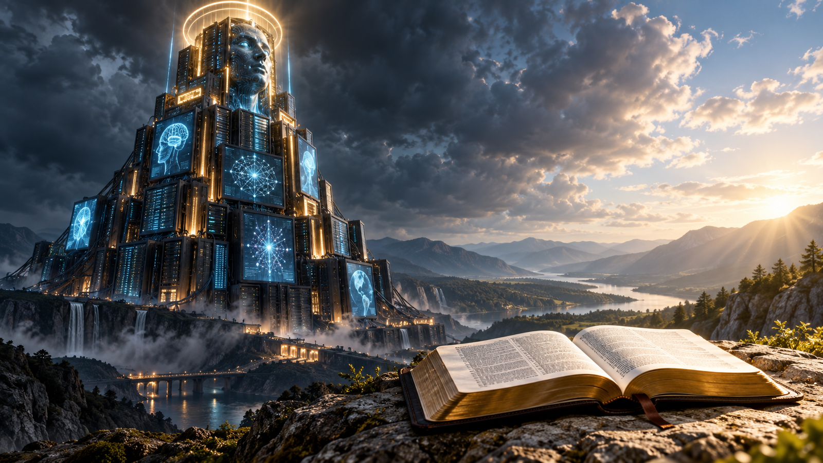 A glowing human-built machine contrasts with an open Bible and natural light, illustrating spiritual discernment about technology.