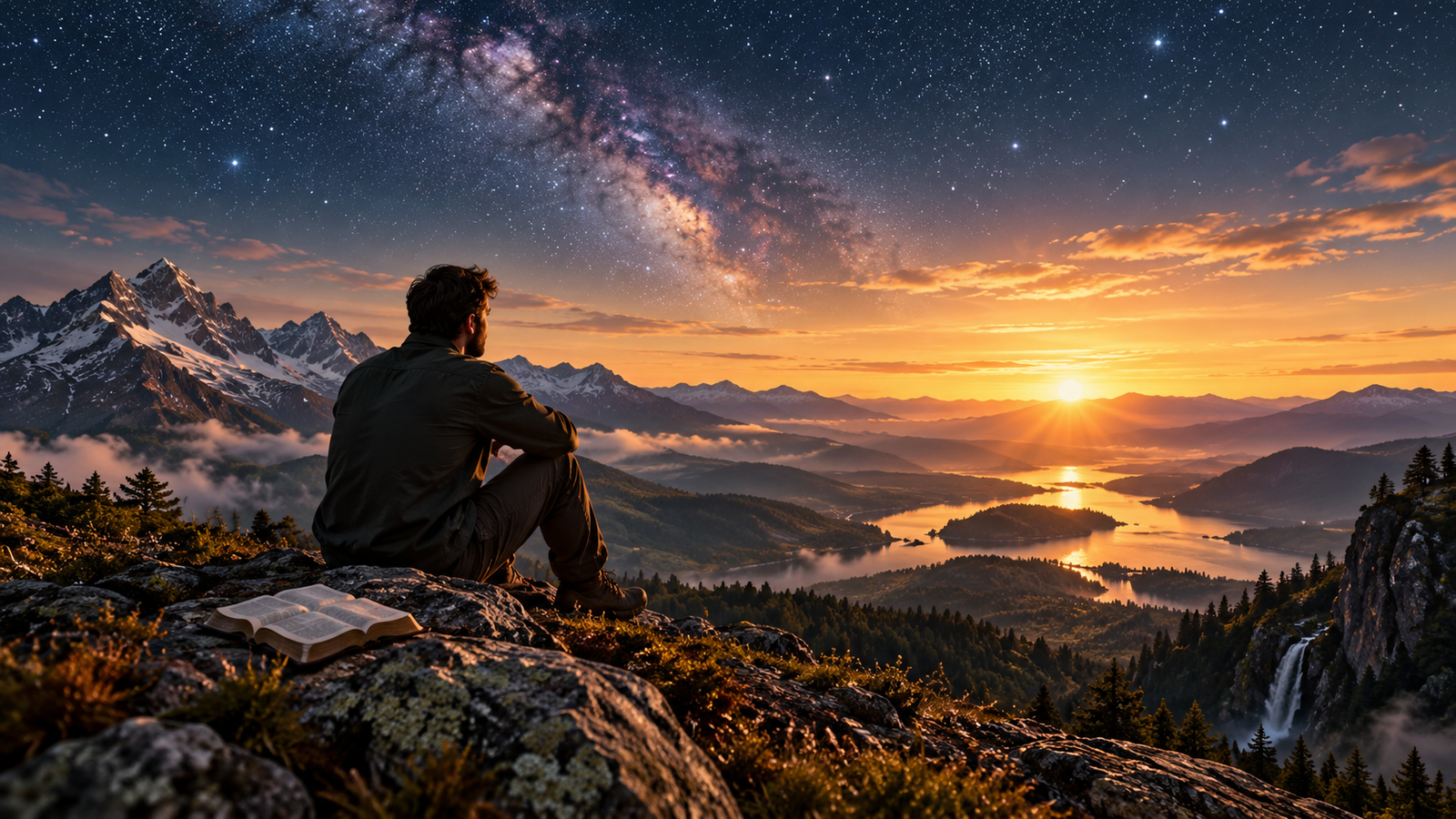 A man looks toward a vast star-filled sky and dawn horizon, contemplating eternity.
