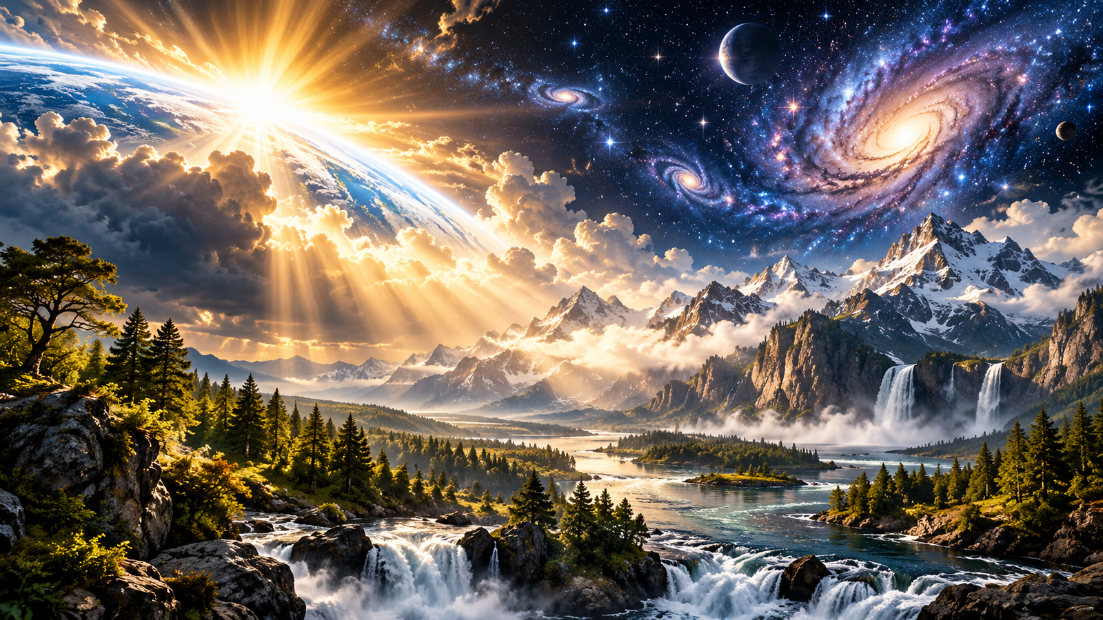 Stars, mountains, rivers, and dawn light portray creation beginning with God.