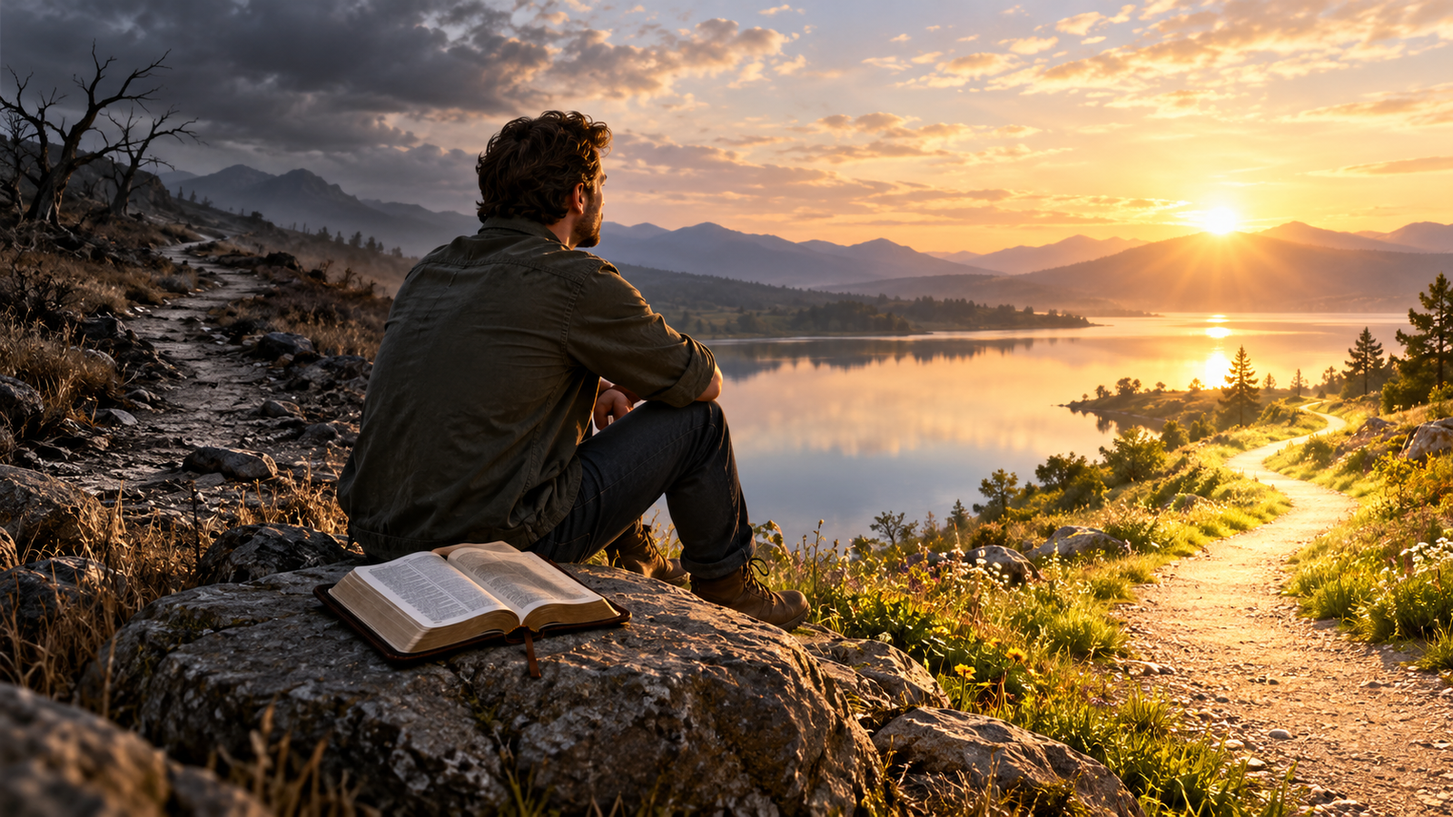 A man reflects beside an open Bible at dawn, with a bright path ahead symbolizing personal renewal.