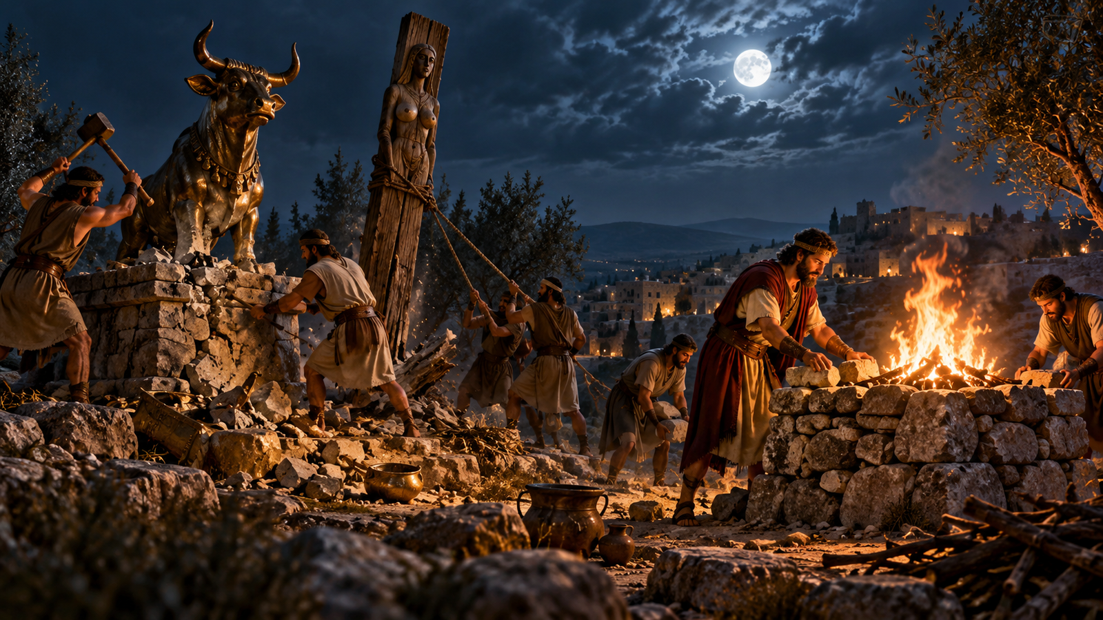 Gideon and his servants tear down a false altar and build an altar to the Lord at night.