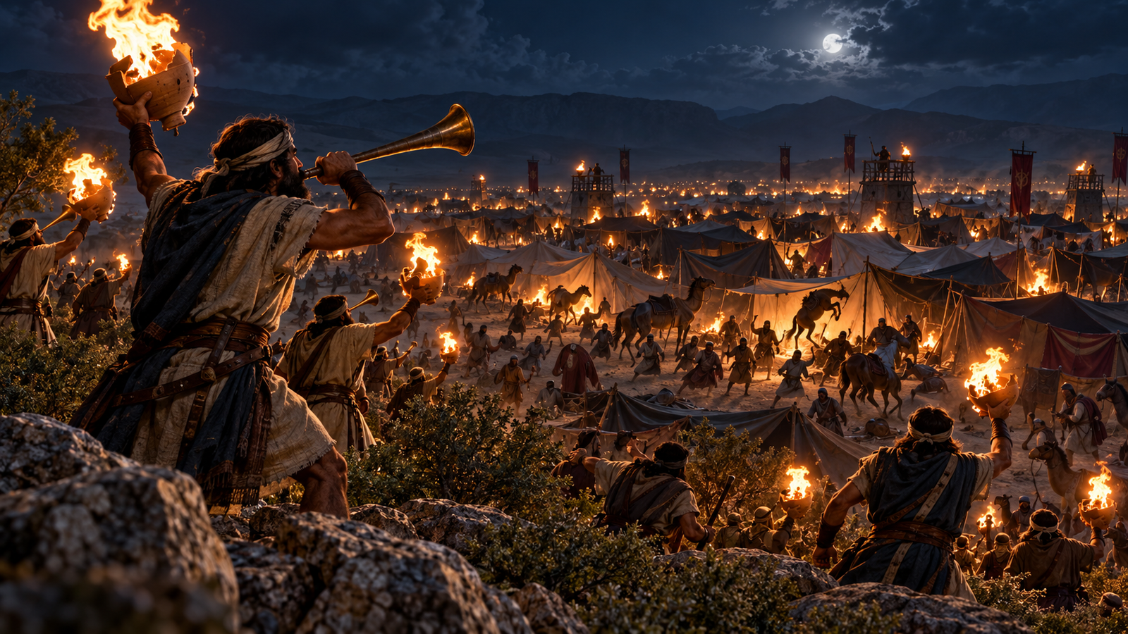 Gideon’s three hundred men surround the Midianite camp at night with torches and trumpets.