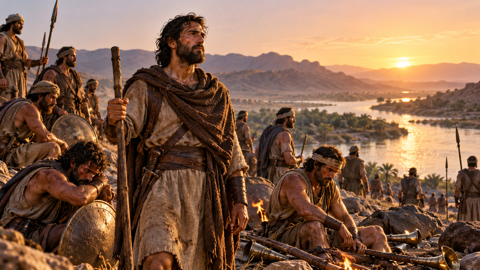 Gideon and his exhausted men stand after victory near the Jordan at dawn.