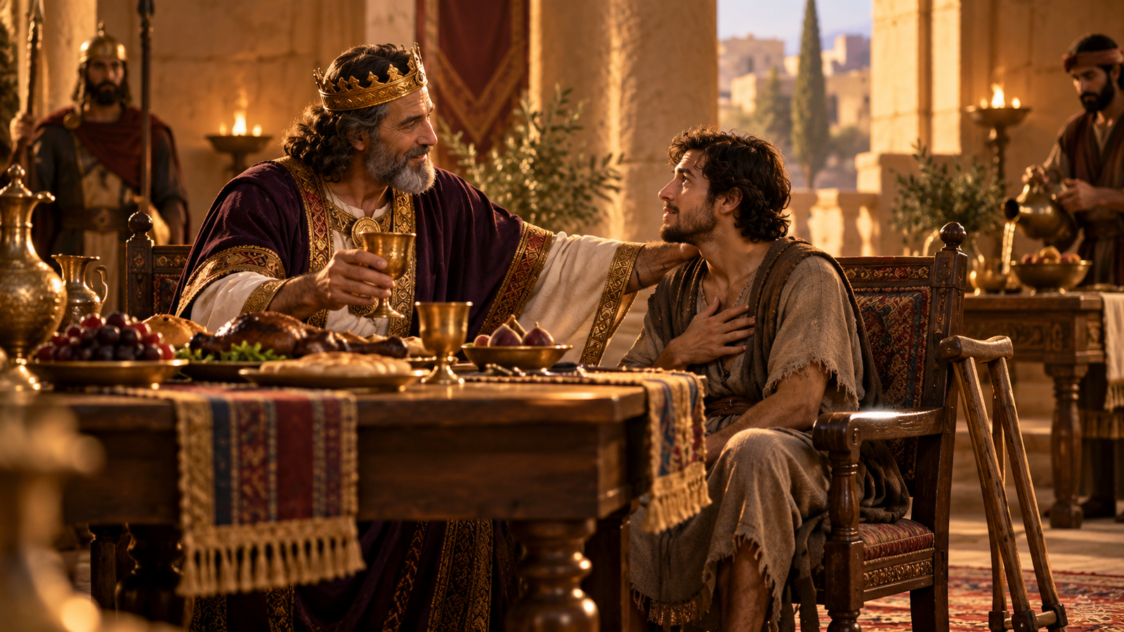 King David welcomes Mephibosheth to his table in ancient Jerusalem, illustrating mercy and restoration.