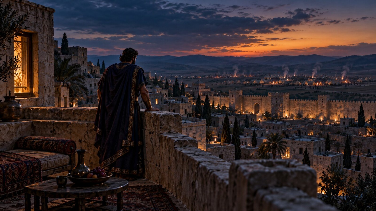King David standing alone on a rooftop while the army camps in the distance.
