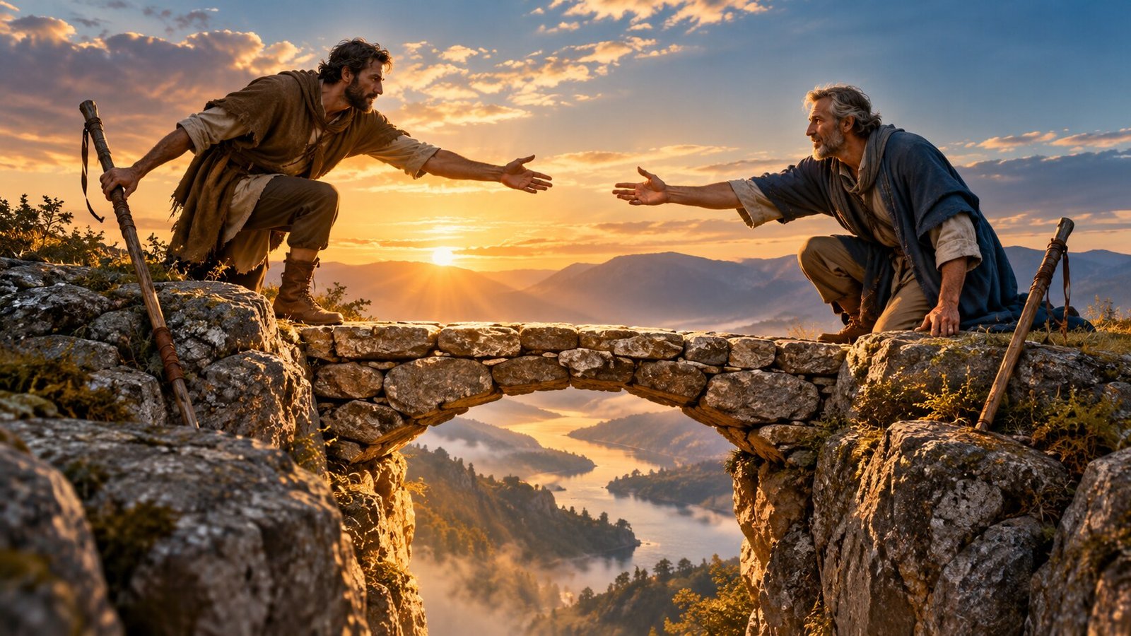 Two men reaching toward reconciliation across a narrow divide bridged by stone.