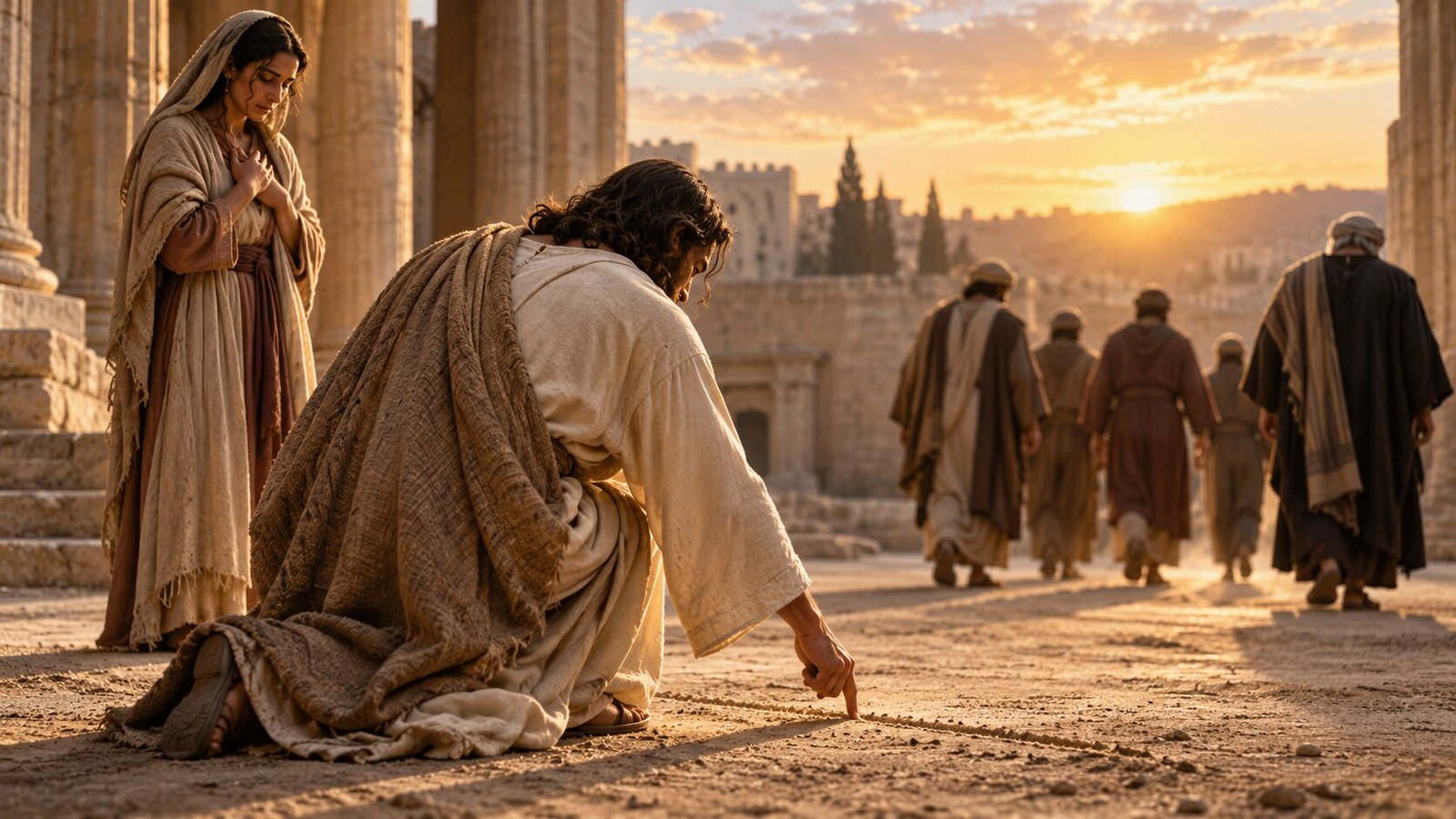 Jesus drawing in the dust as the accusers walk away and the woman stands nearby.
