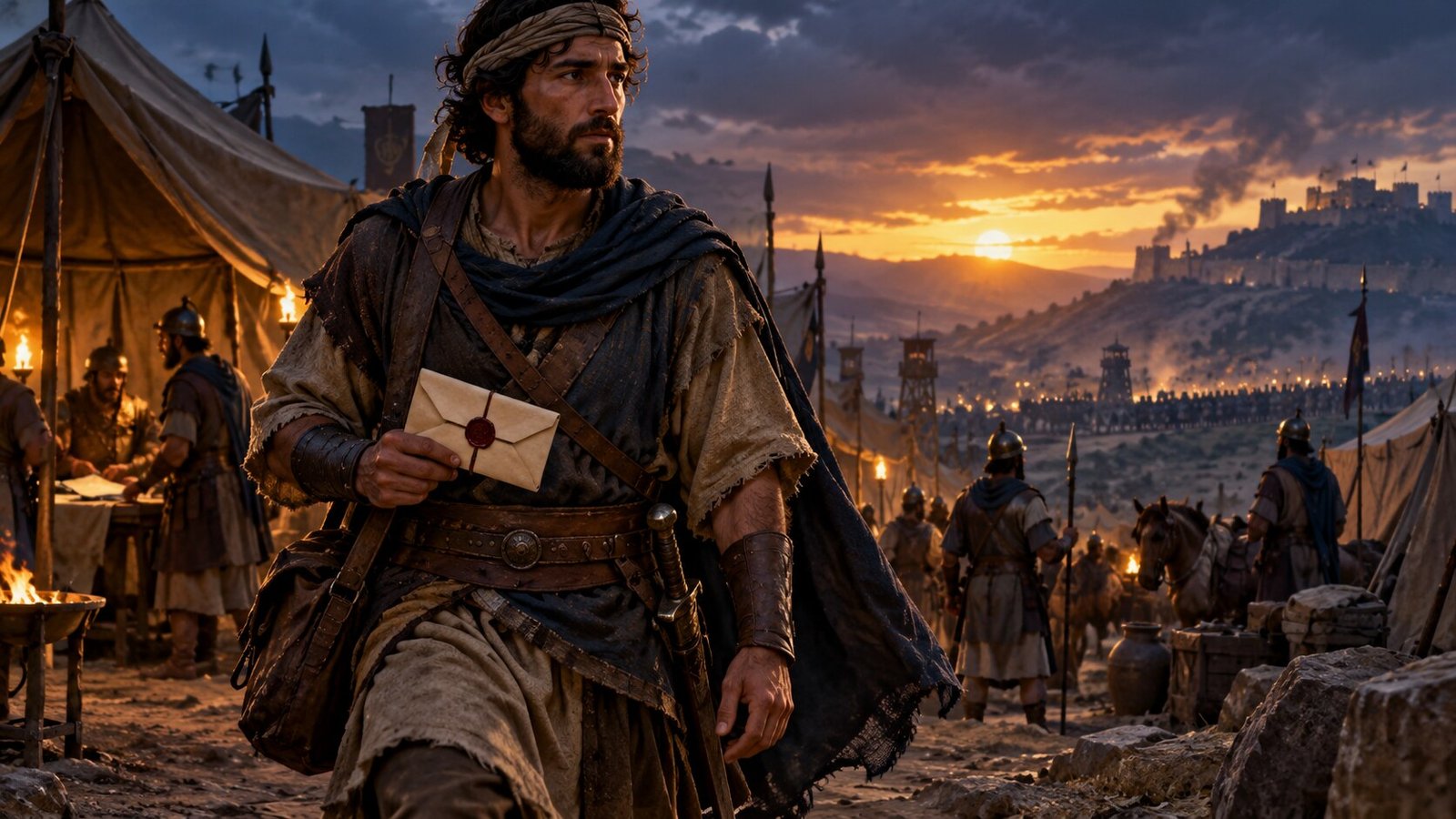 A soldier carrying a sealed royal letter through an ancient military camp at twilight.