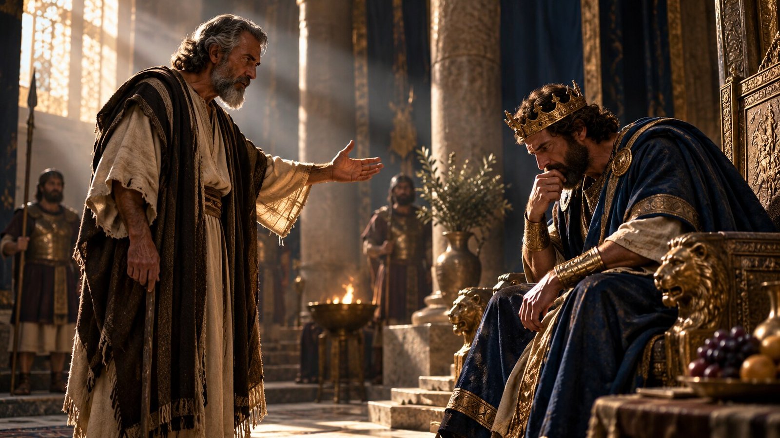 Nathan confronting King David in an ancient throne room as David recognizes his guilt.