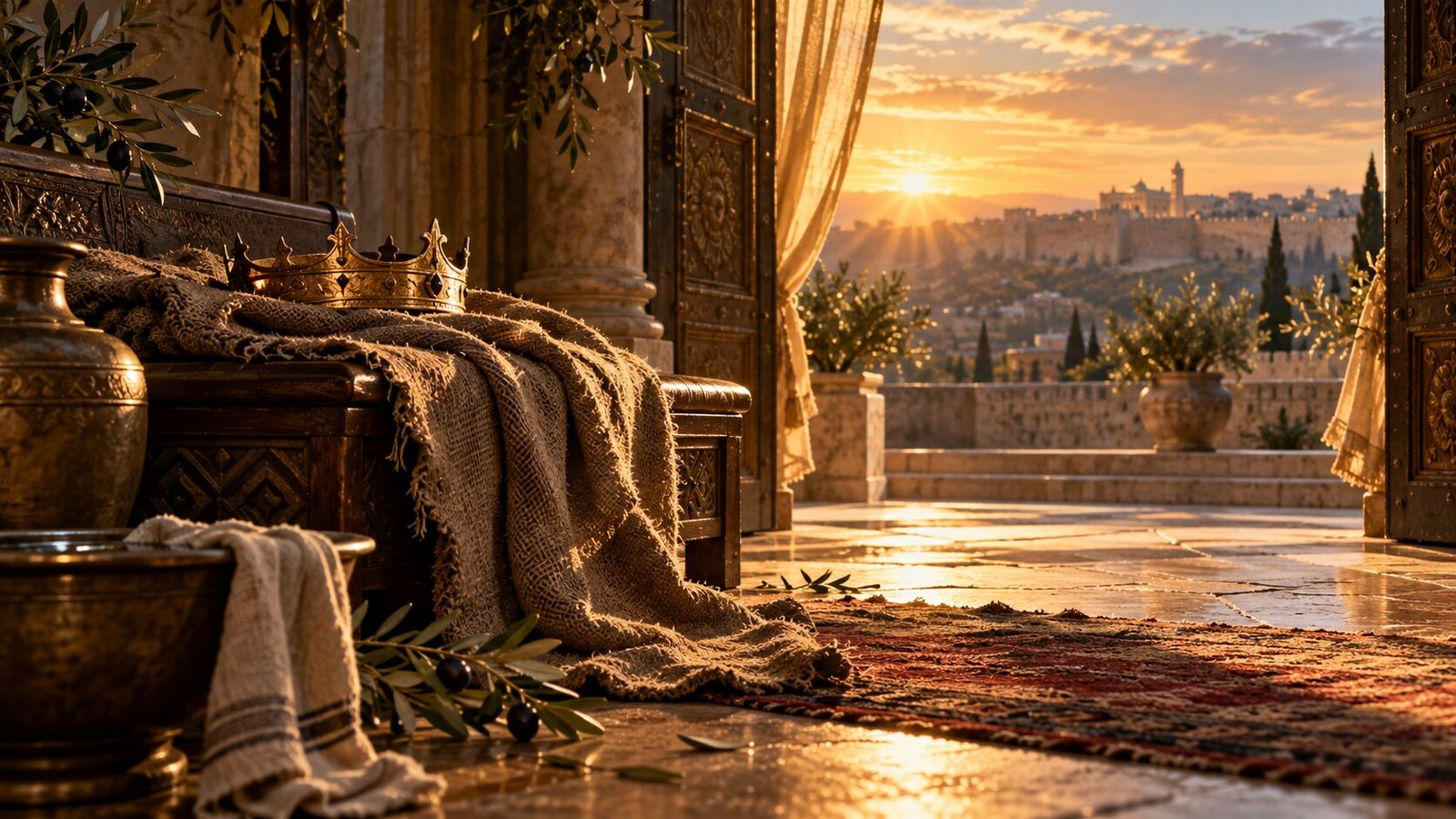 Morning light entering a restored royal home beside a crown and folded sackcloth.