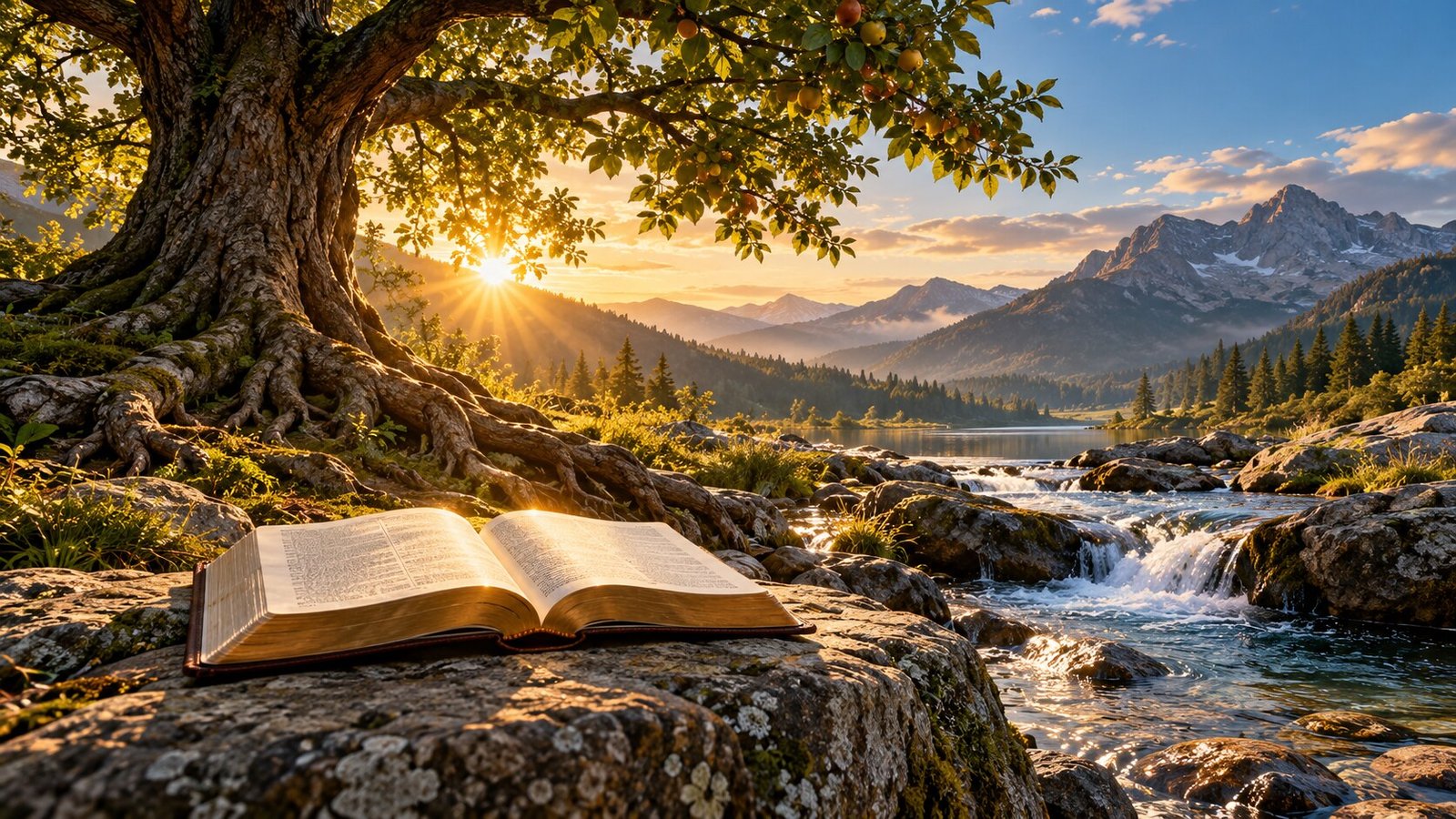 An open Bible beside a deeply rooted tree growing near a quiet stream at sunrise.