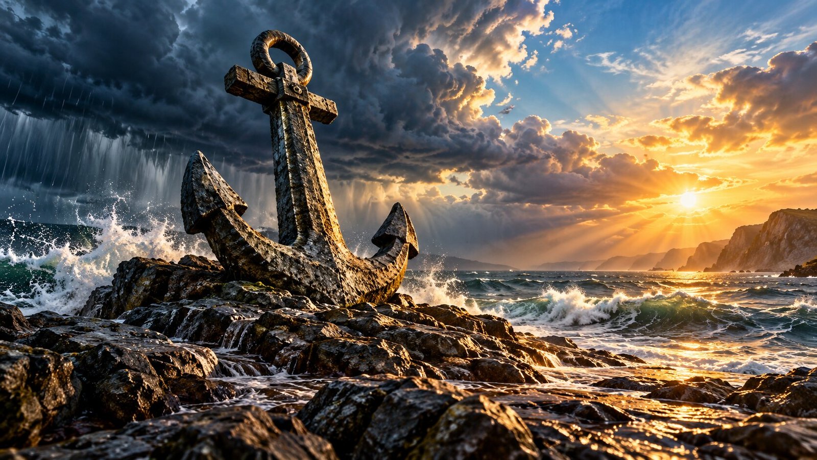 A stone anchor fixed on a rocky shore beneath changing storm and sunrise skies.