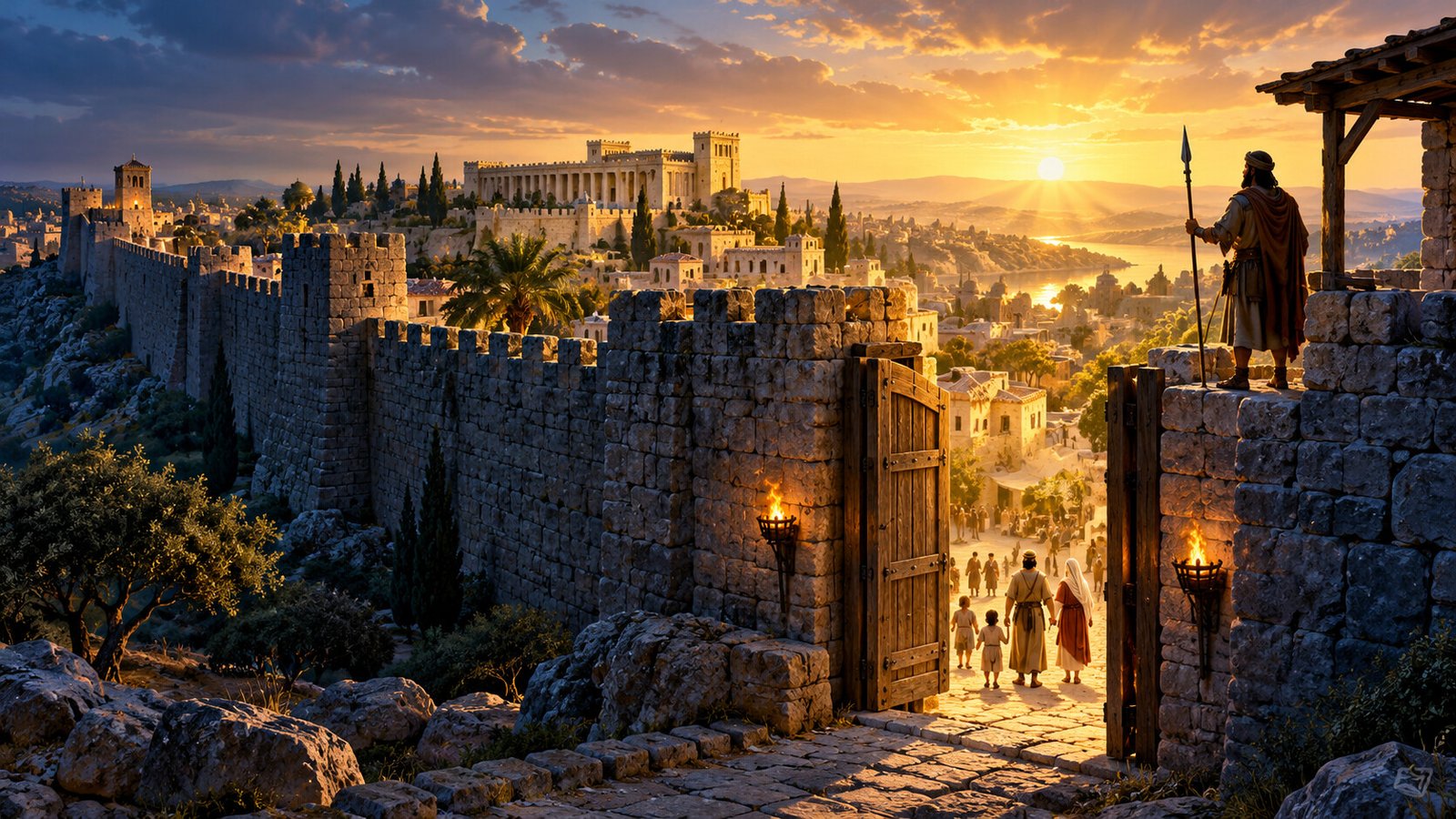 Ancient stone walls with an open gate at sunrise, symbolizing boundaries, protection, and restoration.