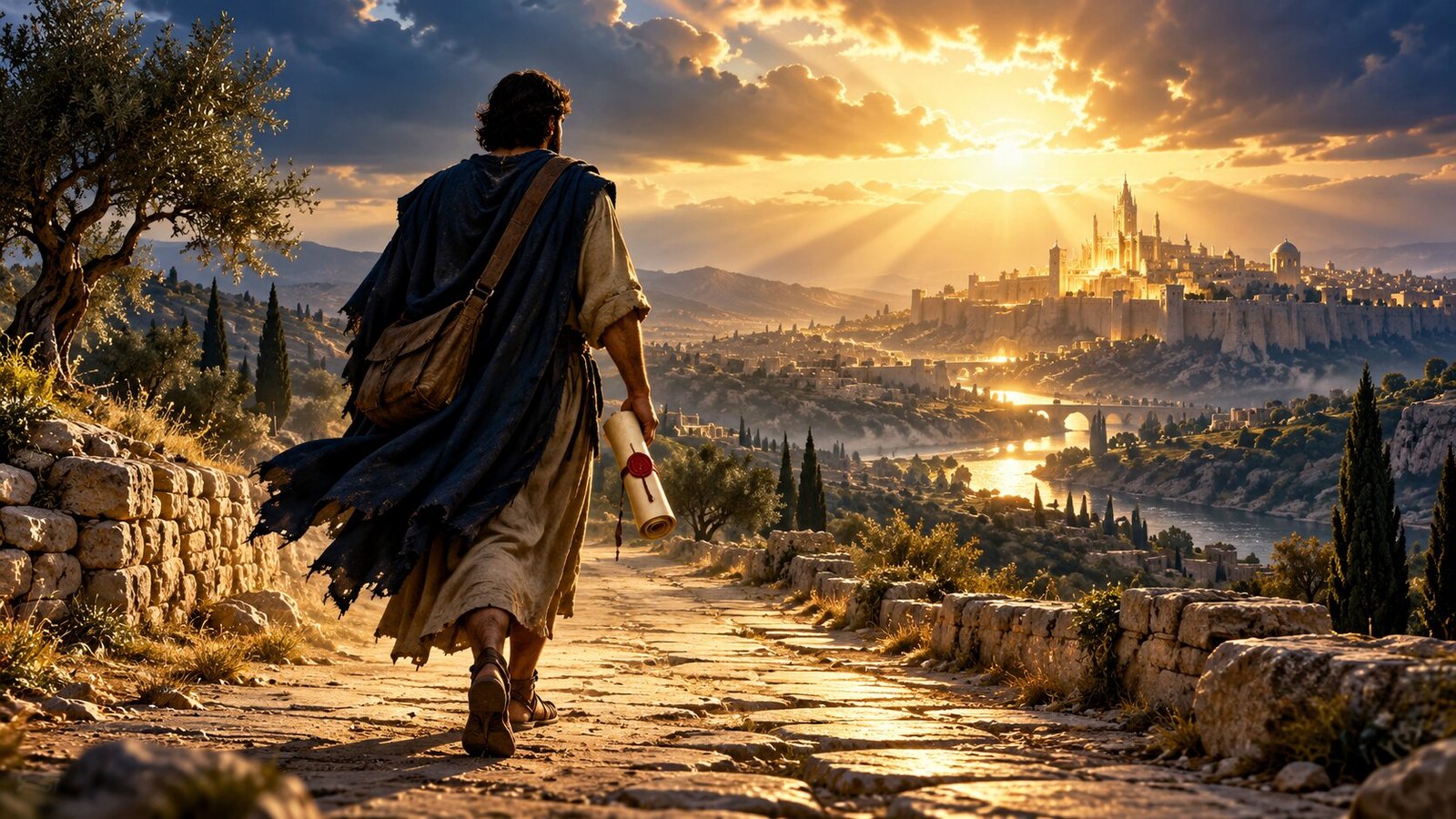 A messenger carrying a sealed scroll along a road toward a distant city beneath a bright heavenly horizon.