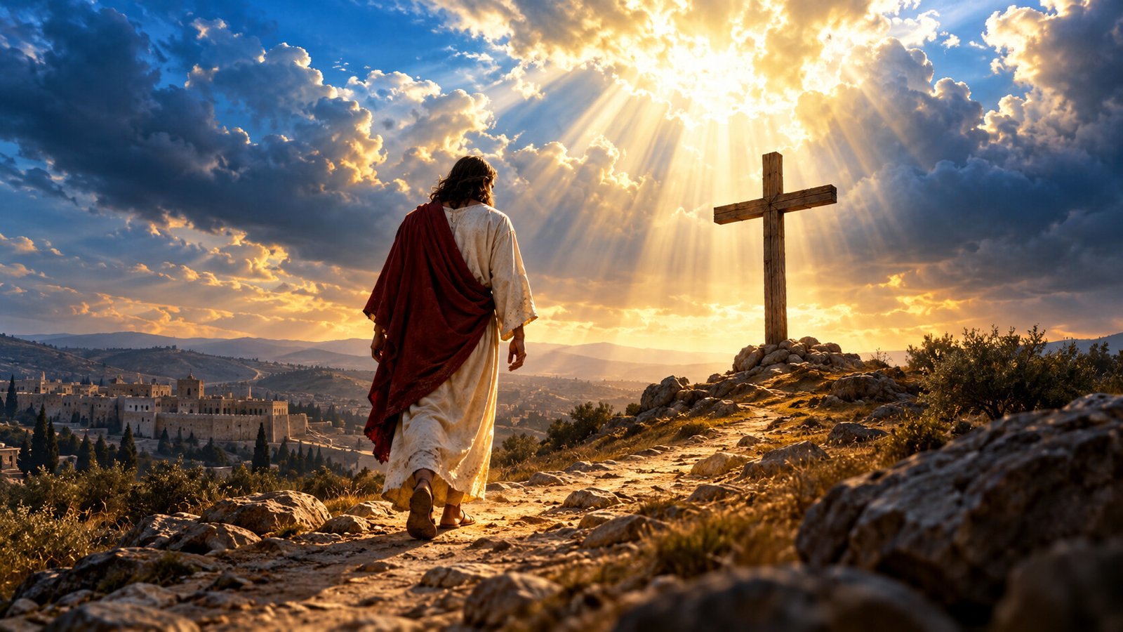 Jesus walks humbly toward a wooden cross beneath radiant heavenly light.