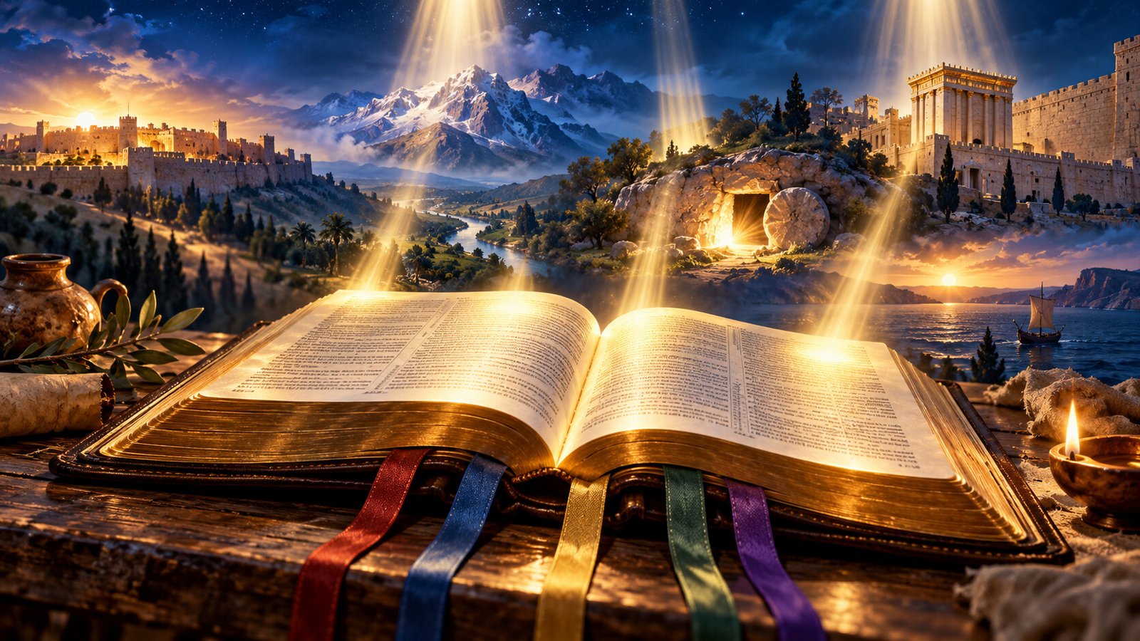 An open Bible with highlighted verses, cards, and warm study lighting for a verse-randomizer discussion.