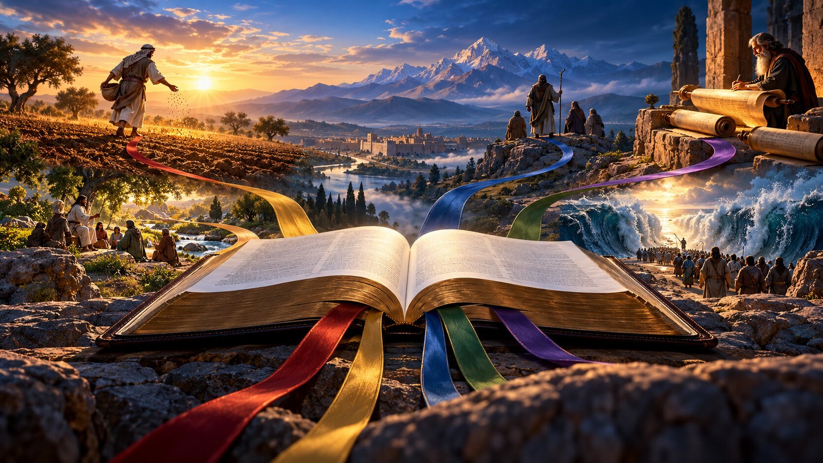 An open Bible with ribbon markers leads toward varied biblical landscapes and scenes.