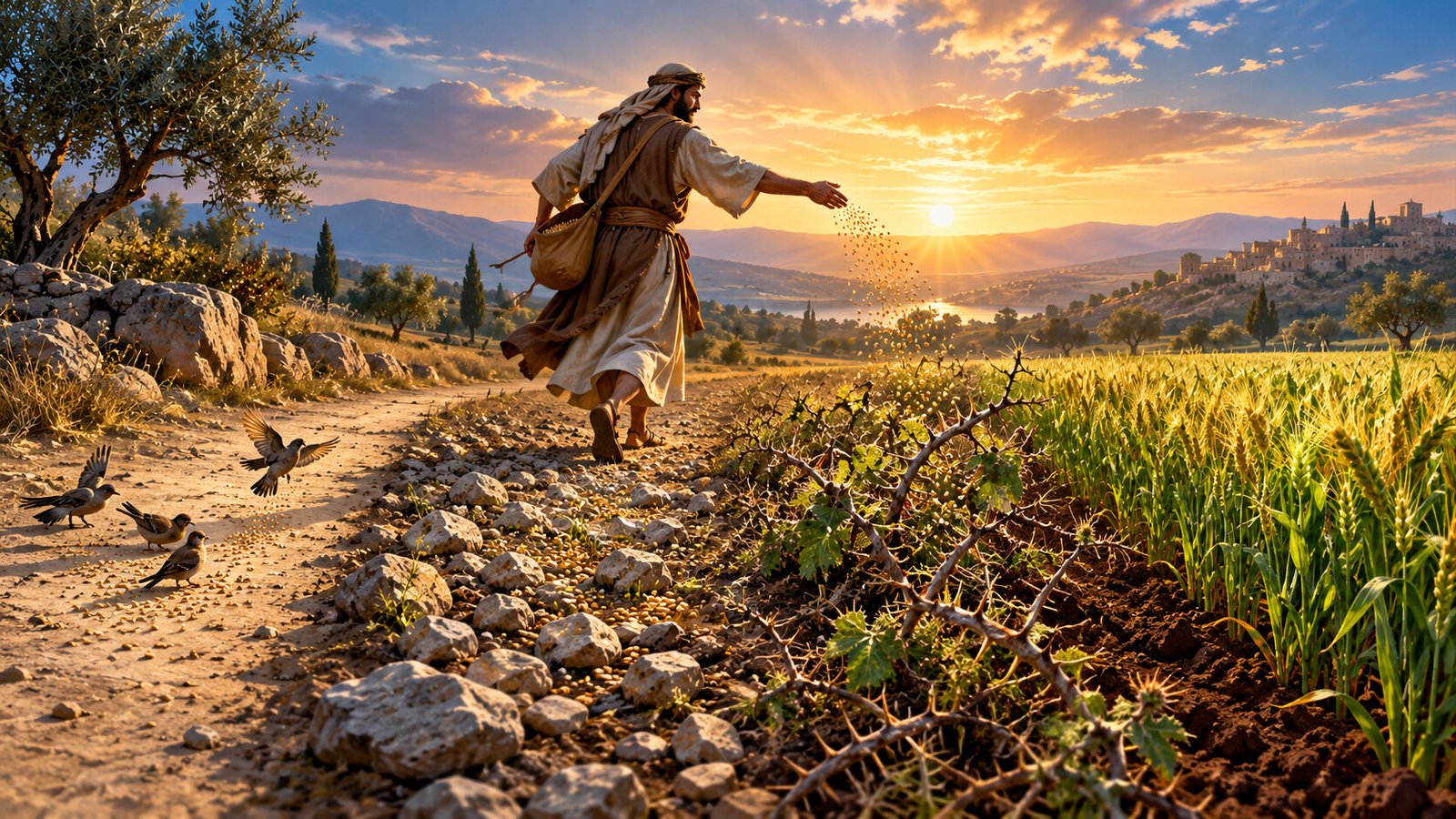 A farmer sowing seed across four kinds of soil, illustrating Jesus’ parable of the sower.