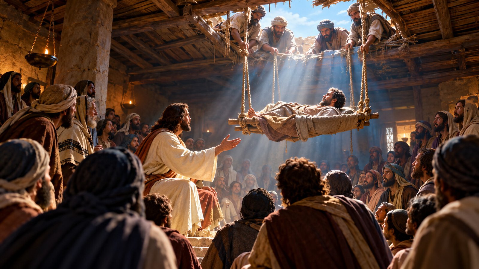 Four friends lower a paralyzed man through a roof toward Jesus in a crowded Capernaum home.