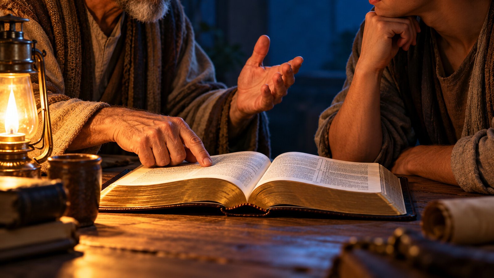 An older teacher guides a younger learner through an open Bible by lamplight.