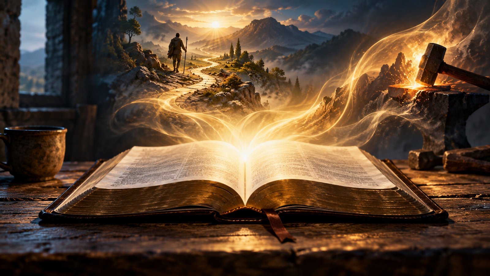 An open Bible glows with warm light beside a path and refining tools, symbolizing correction and training.