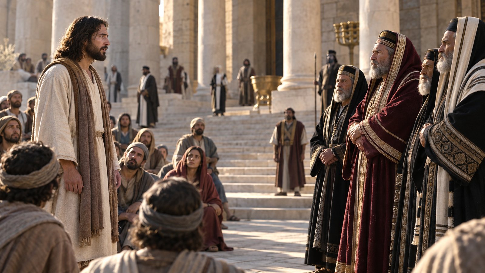 Jesus teaches firmly in the Jerusalem temple courts while religious leaders listen across the open space.