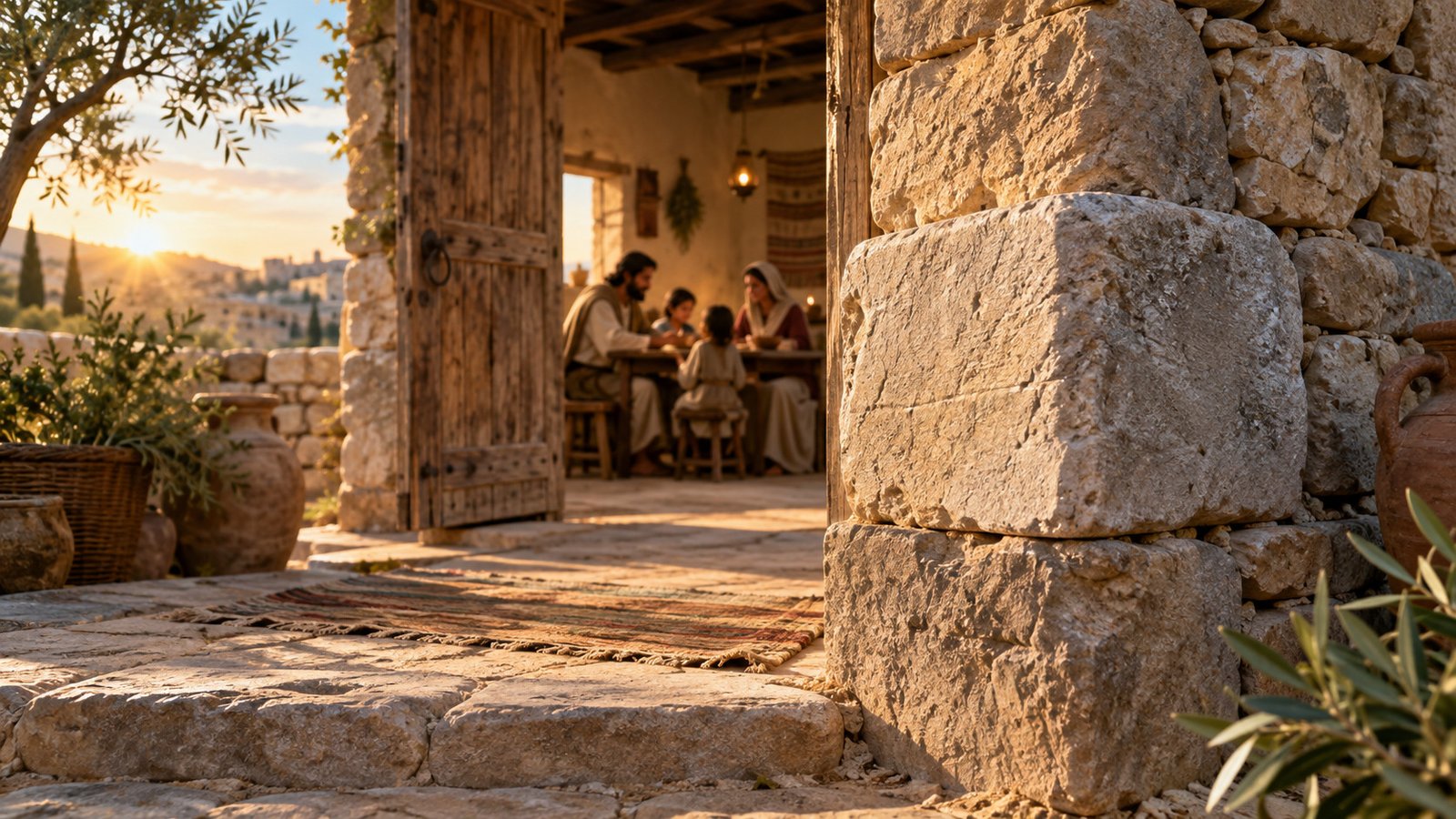 A solid cornerstone anchors an ancient home where a family gathers in warm morning light.
