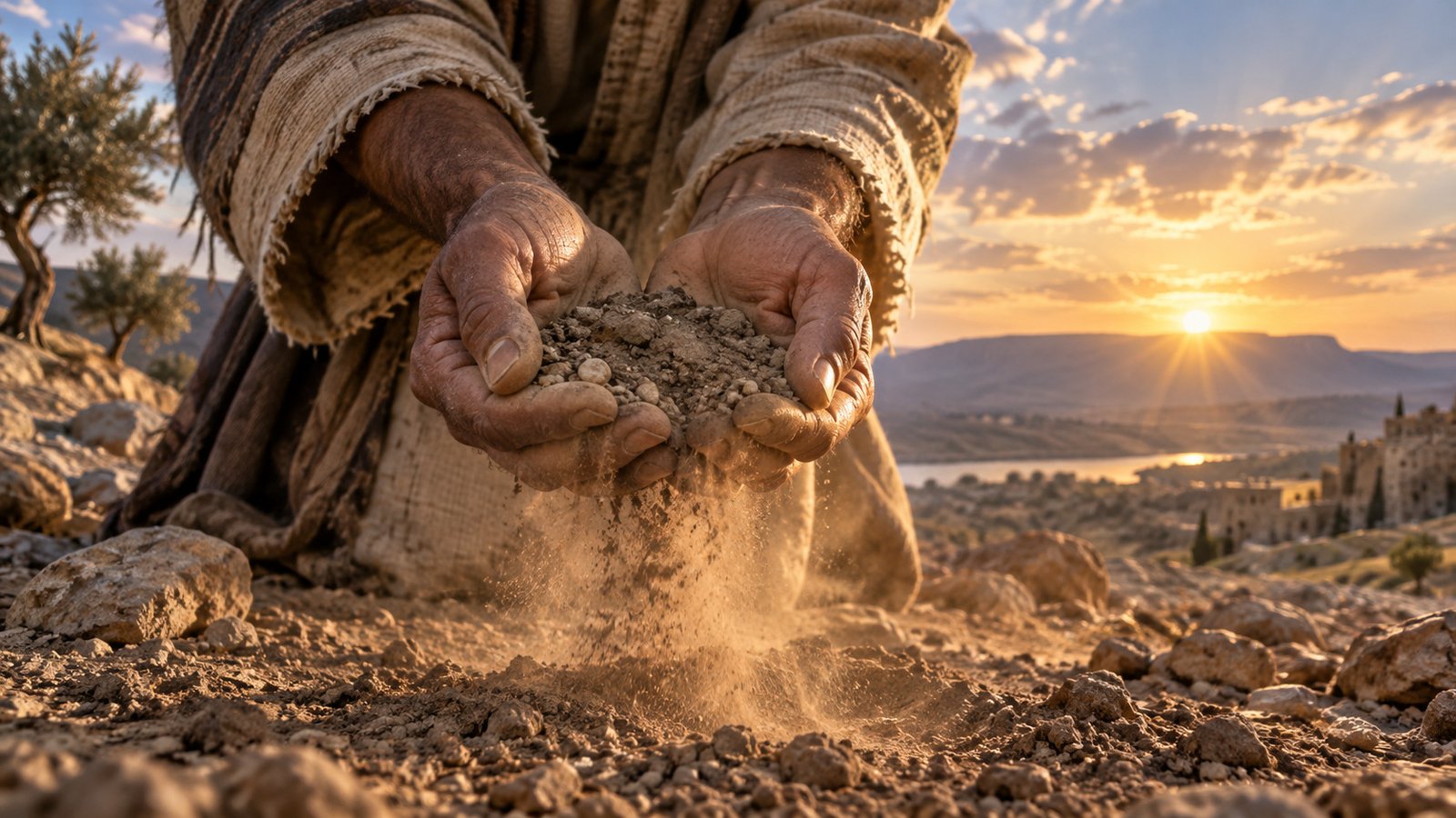 Weathered hands release dry earth in warm dawn light over an ancient landscape.