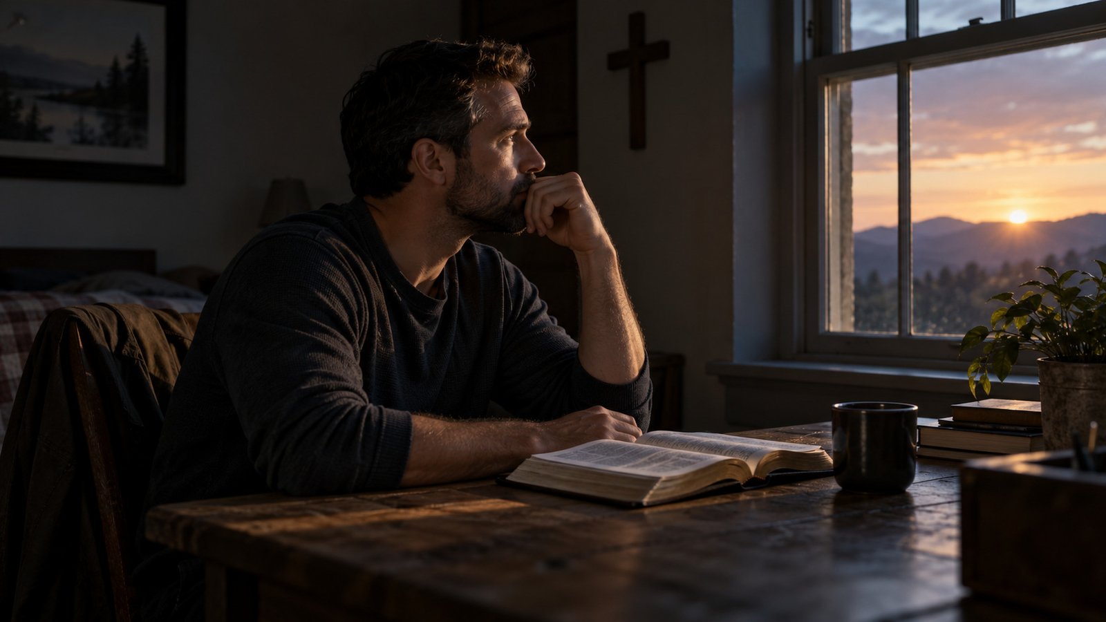 A man reflects beside an open Bible as dawn light enters a quiet room.