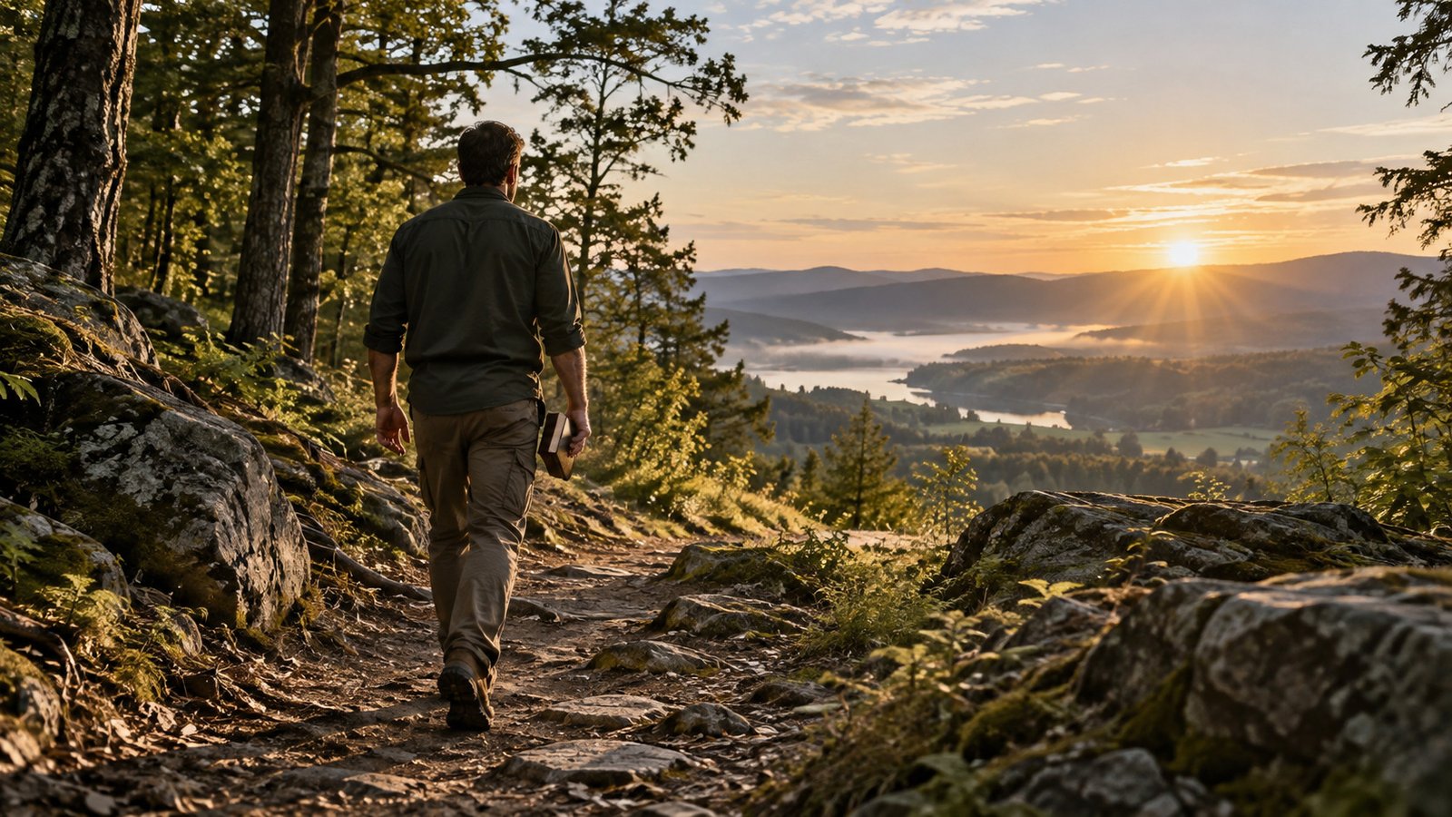 A man carrying a Bible follows a woodland path from shadow into morning light.