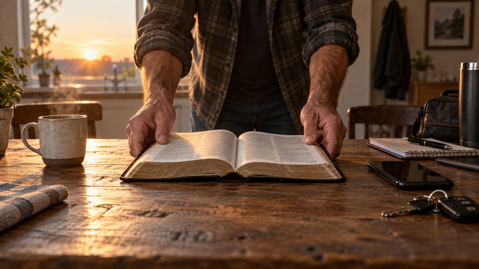 A man places an open Bible before his phone, keys, and work items at dawn.