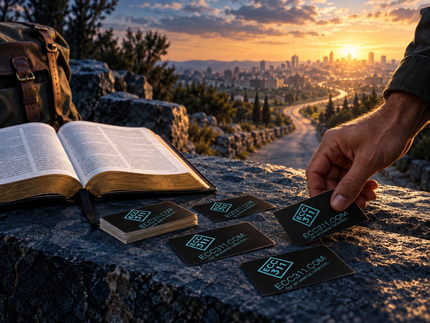 A man laying out black ECC311.COM evangelism cards beside an open Bible overlooking a city at sunset.
