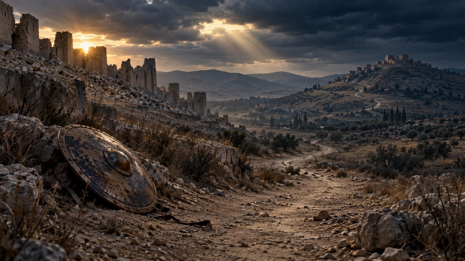 A dusty path leads from the ruins of Jericho toward Ai beside an abandoned shield under a darkening sky.