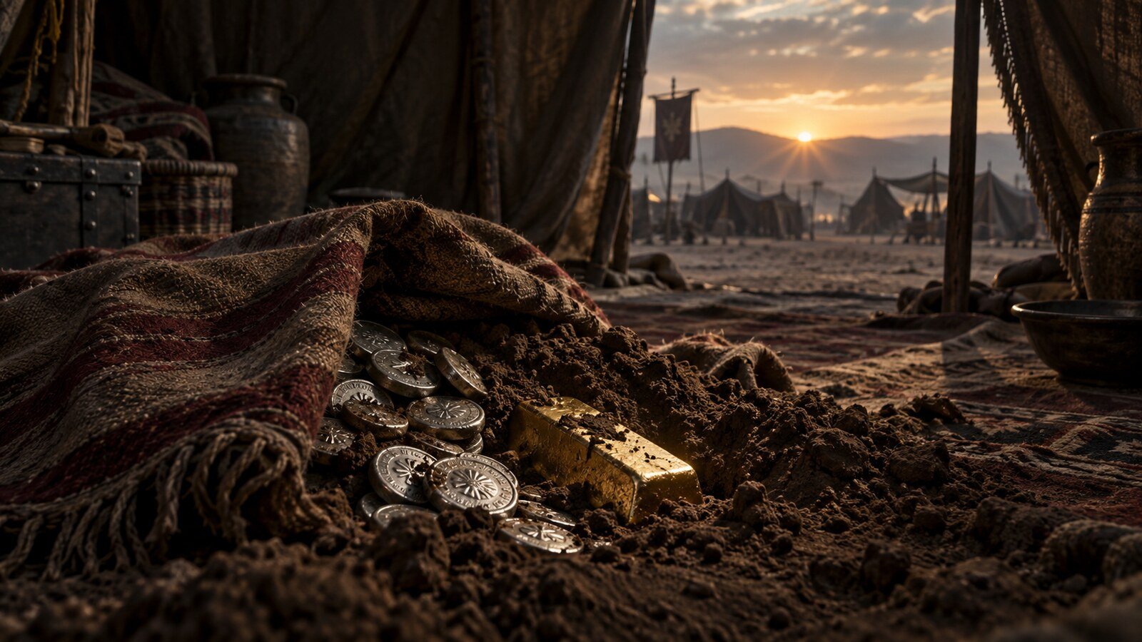 A concealed cloak, silver, and gold are partly unearthed inside an ancient Israelite tent at solemn dawn.