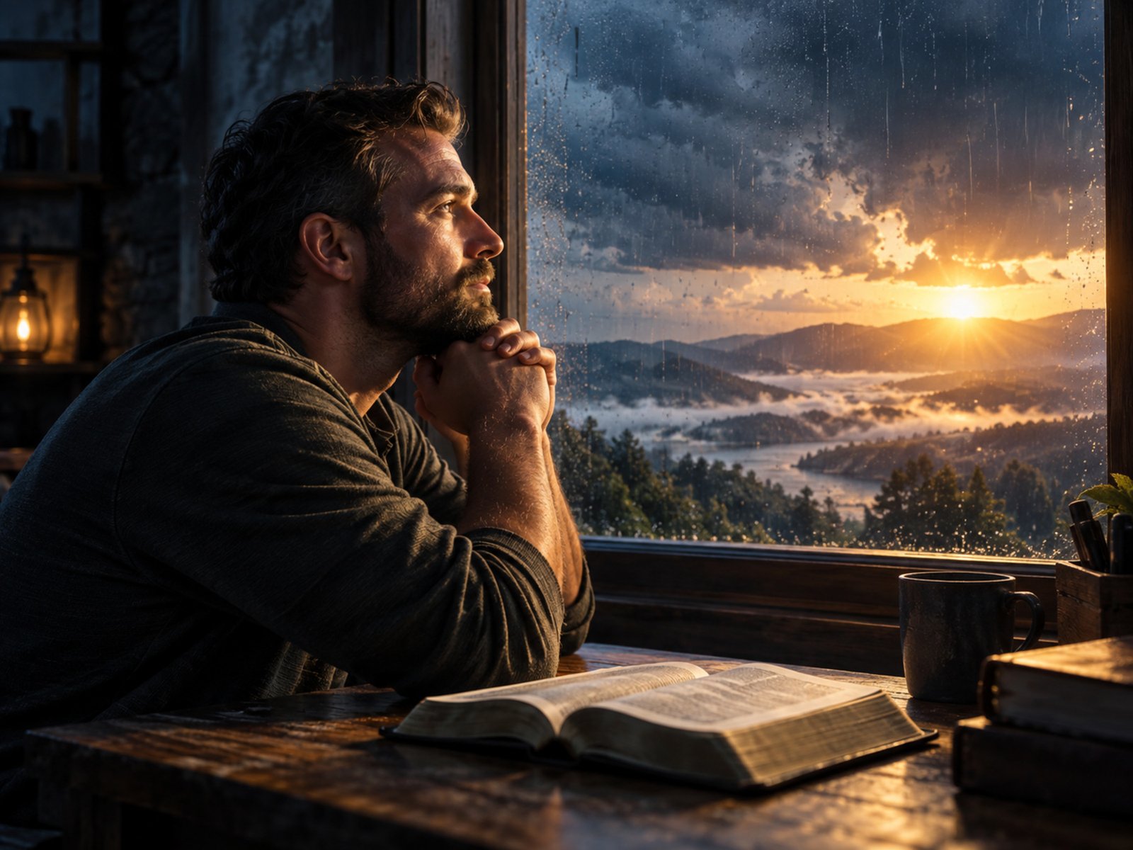 A thoughtful man beside an open Bible watching sunlight break through a rainstorm.
