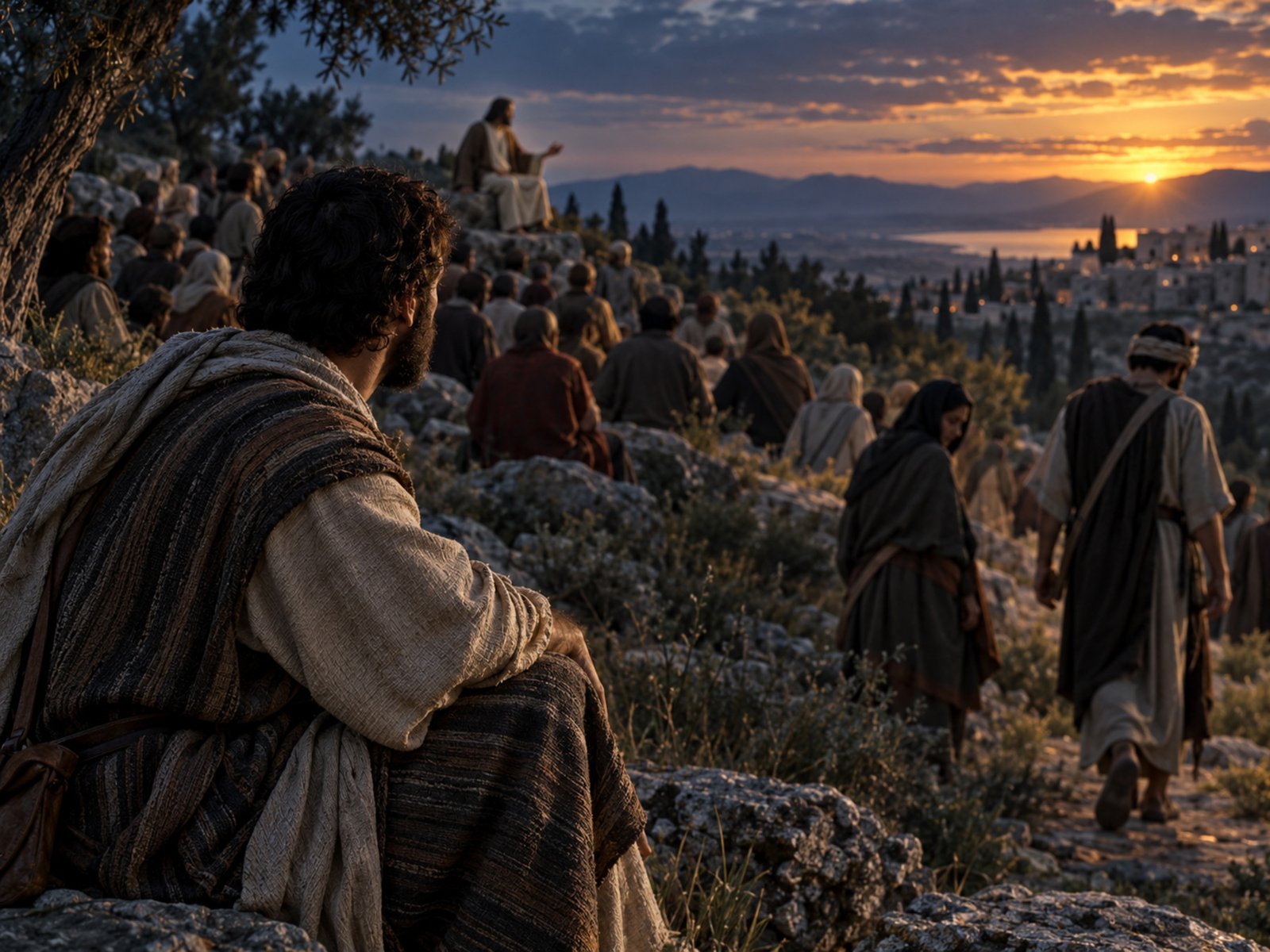 An attentive man listening to Jesus teach while others begin to turn away at sunset.