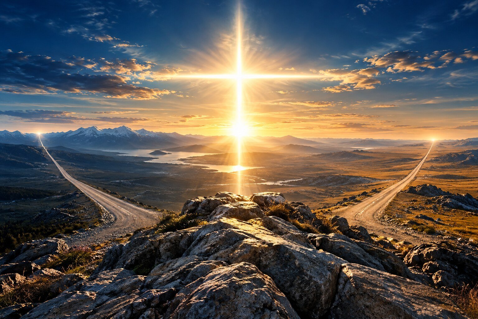 Two roads stretch toward opposite horizons beneath a cross formed by radiant light.