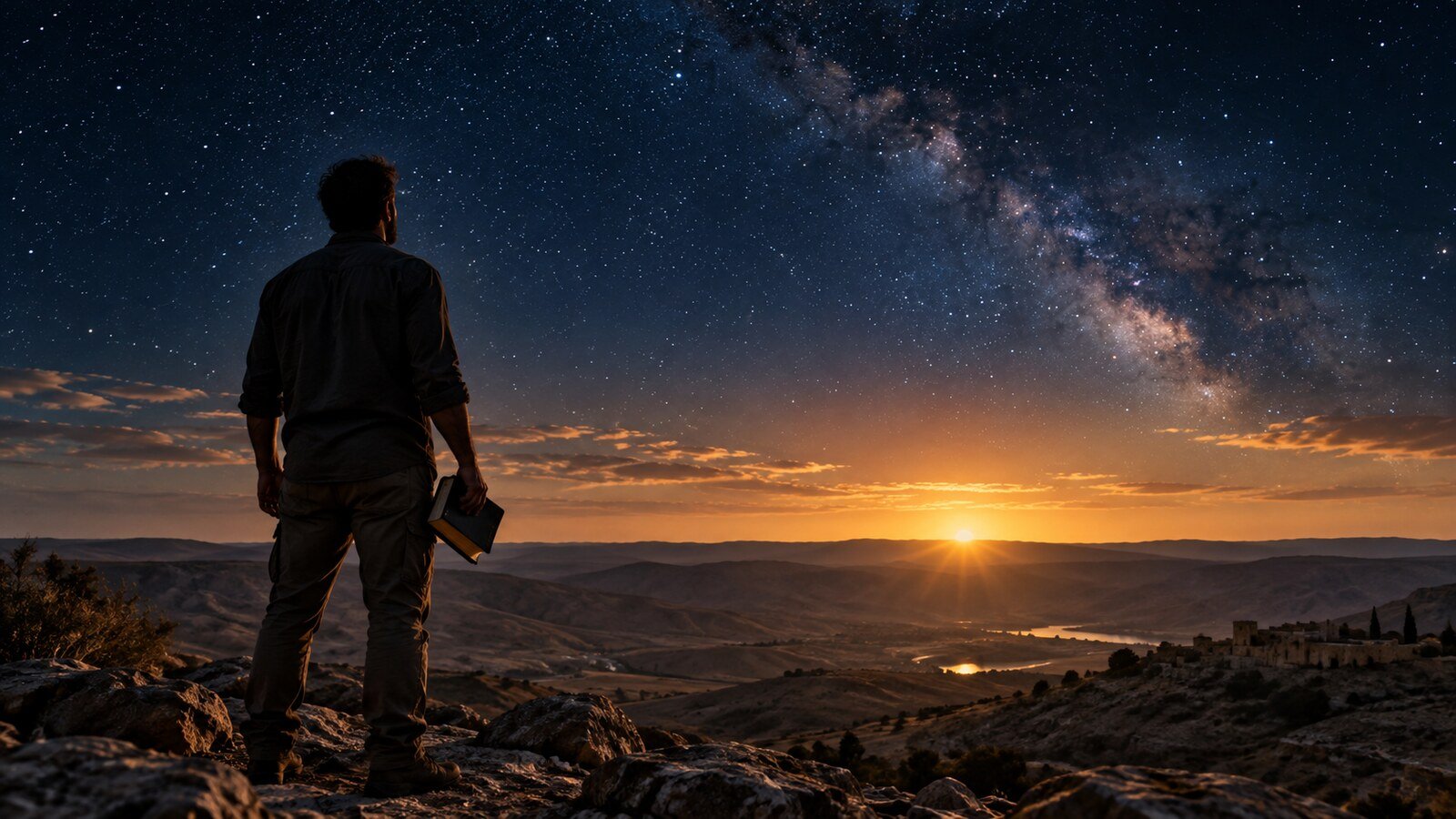 A man stands beneath a vast star-filled sky as dawn glows on the horizon, contemplating eternity.