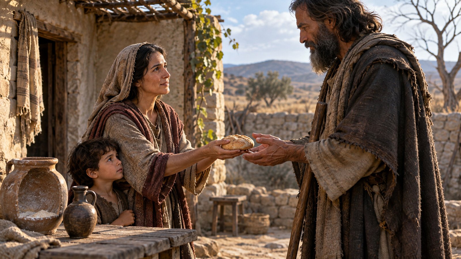 The widow of Zarephath offers a small loaf to Elijah as her son watches beside nearly empty jars.