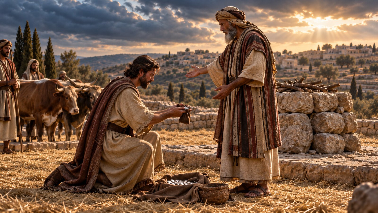 David offers payment to Araunah beside oxen and an altar site on a threshing floor at Mount Moriah.