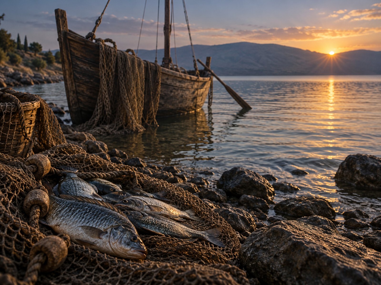 Fish resting in nets beside a wooden fishing boat on the Sea of Galilee at sunrise.