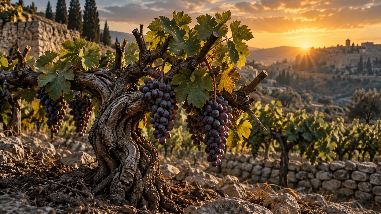 A mature grapevine bears healthy fruit in warm dawn light after careful pruning.