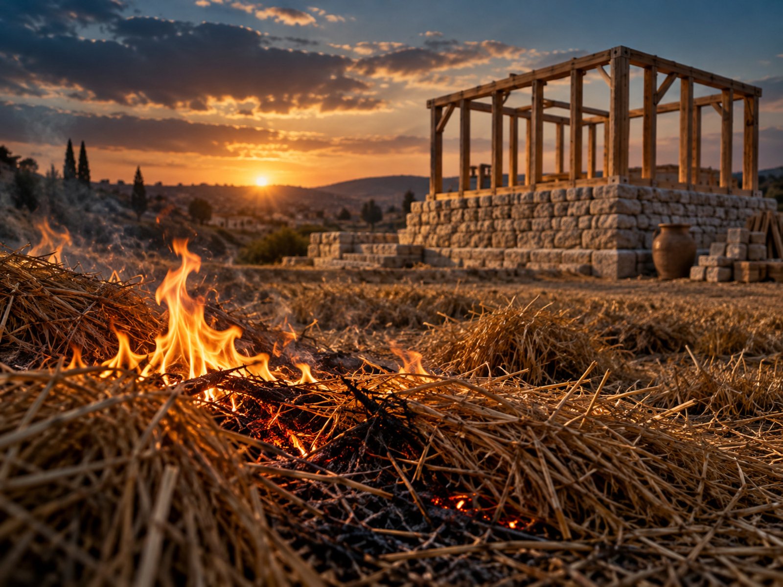 Dry hay burning in the foreground while a durable stone foundation stands in warm evening light.