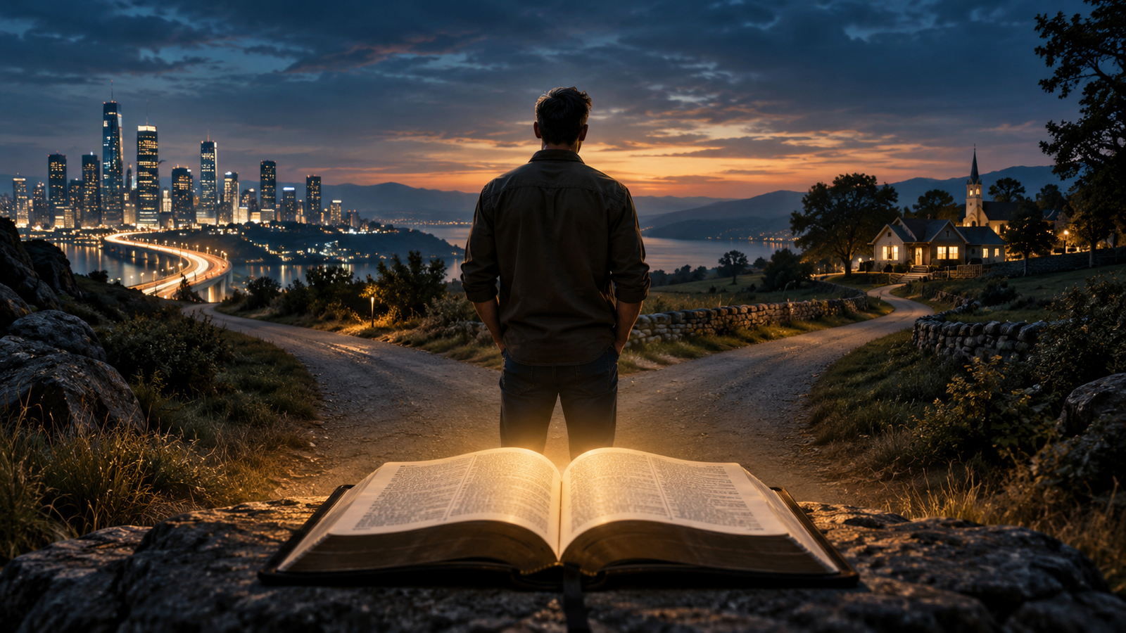 A man stands at a crossroads between a city and a home with a church while an open Bible lights the path.