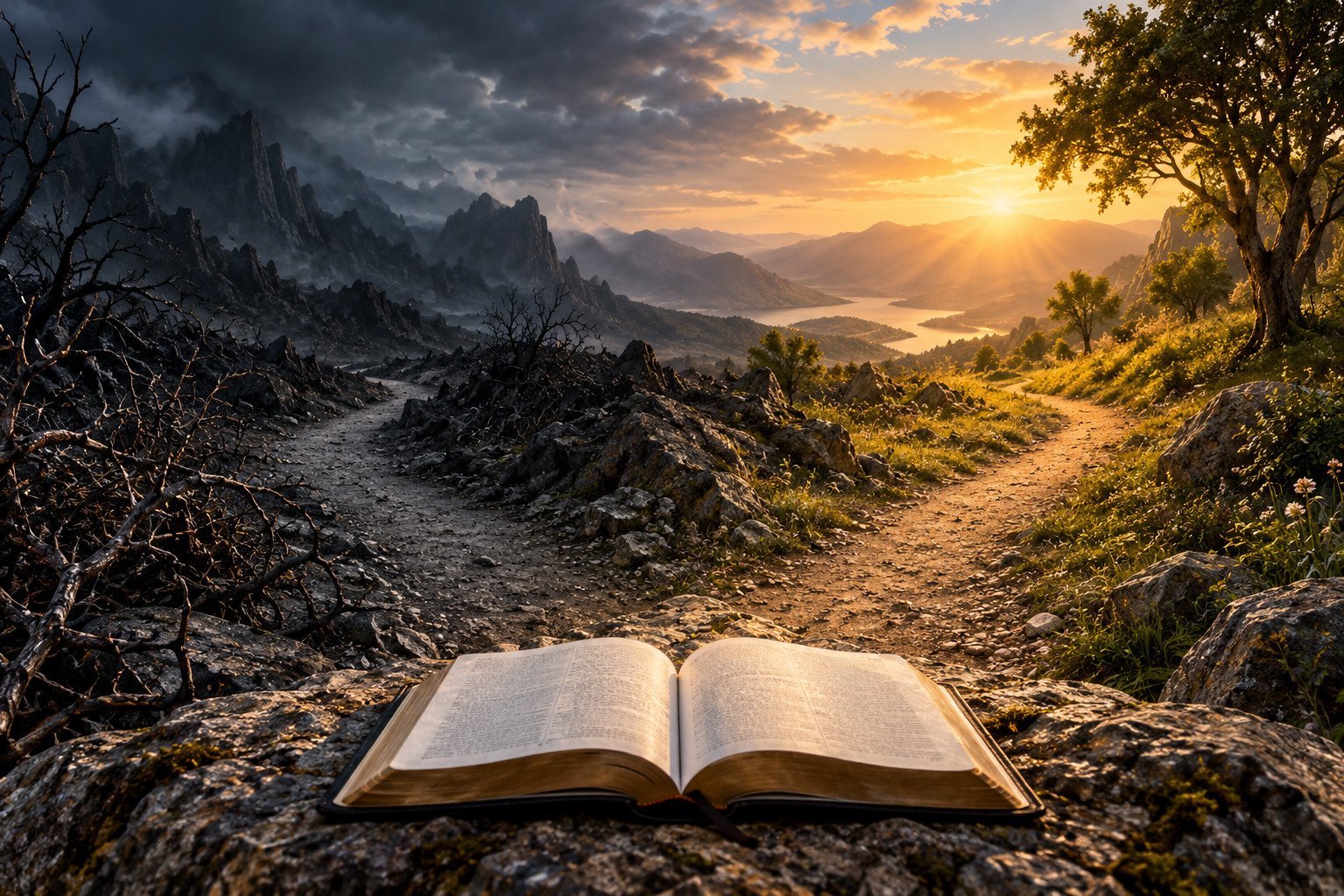 An open Bible rests before two diverging paths, one dark and barren and the other bright and flourishing in the sunrise.