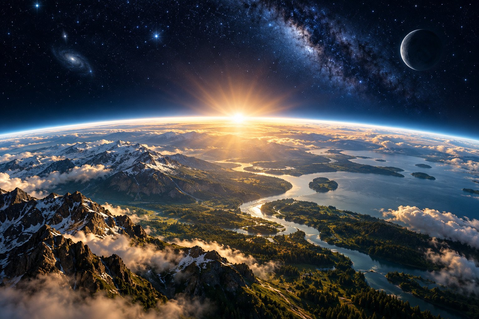 The sun rises over mountains, rivers, and forests beneath a vast star-filled sky, portraying the created world under the heavens.