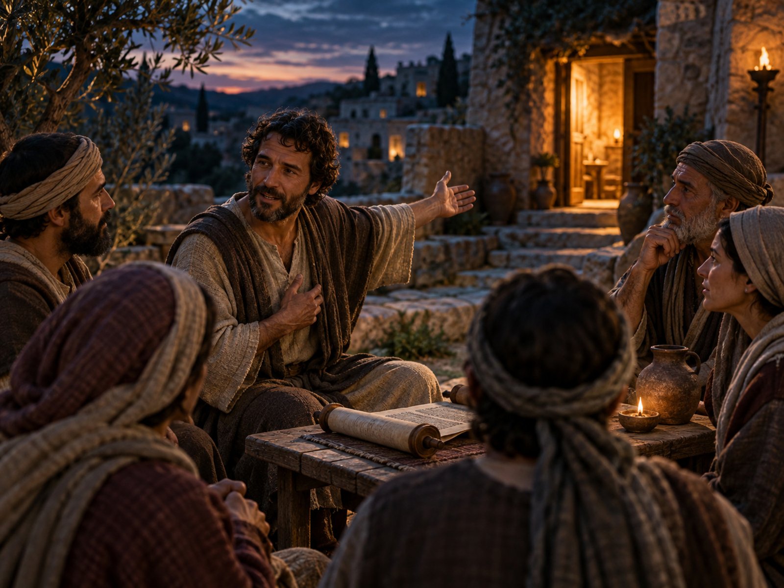 A man sharing his testimony with an attentive group in a first-century village courtyard.
