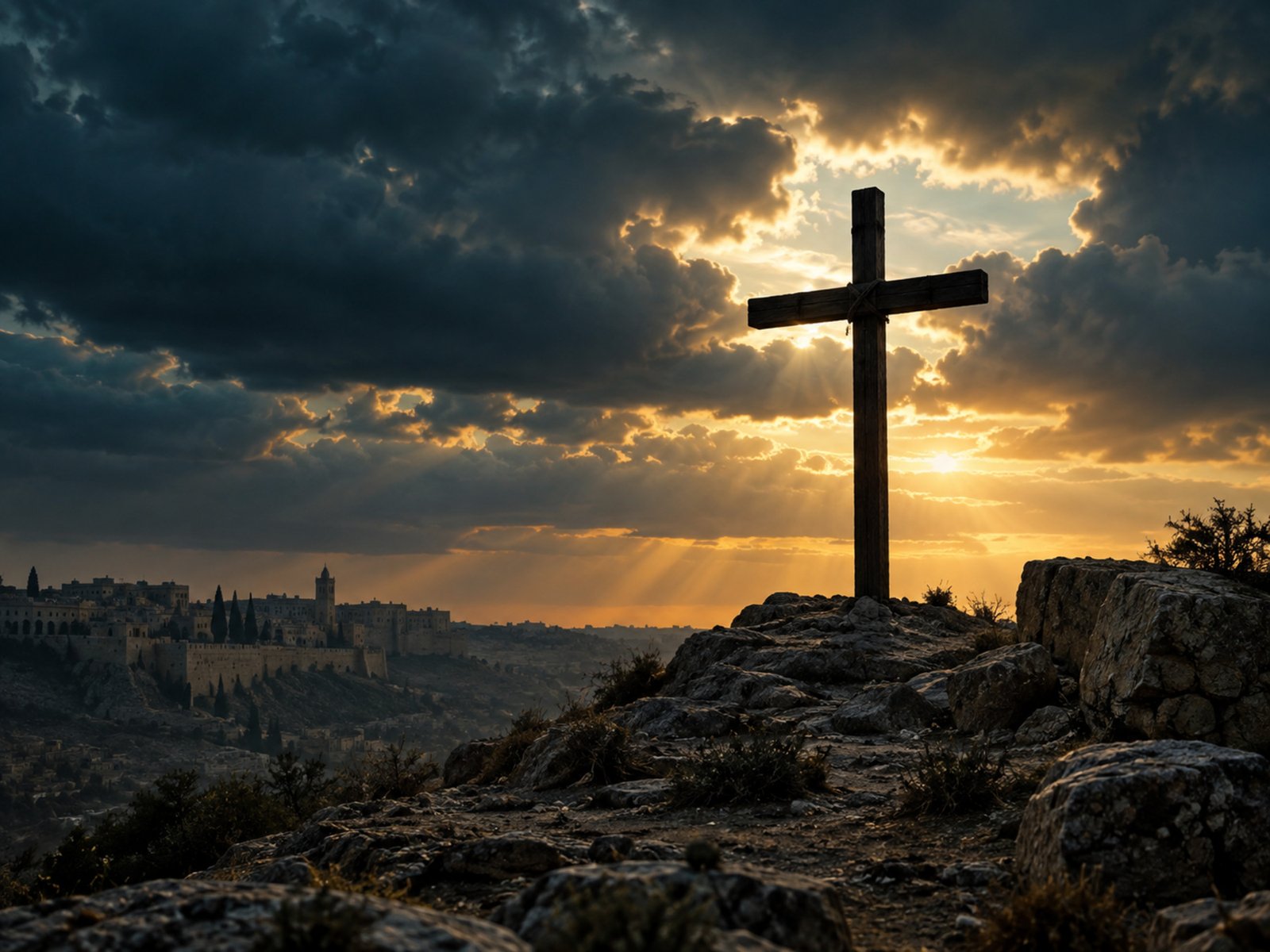 An empty cross on a rocky hill beneath dark clouds opening to golden light.