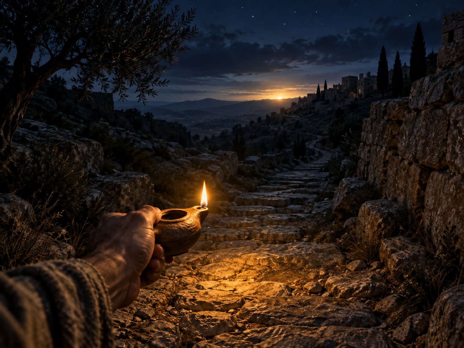 A small clay oil lamp illuminating the next steps of an ancient stone path before dawn.