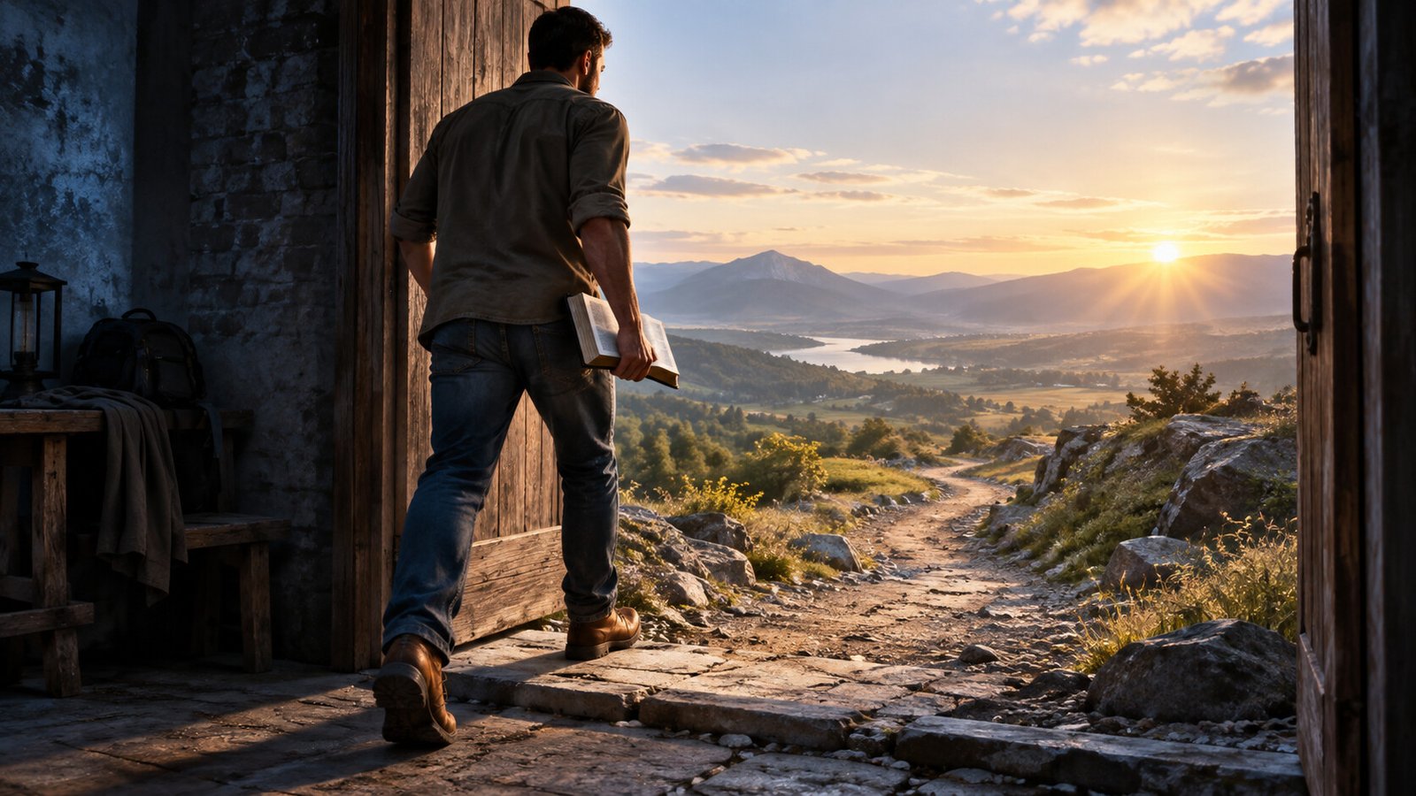 A man holding a Bible steps through an open doorway toward a sunlit mountain path.